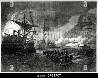 Grande assalto da parte della flotta francese il 18 settembre 1782 durante il Grande Assedio di Gibilterra (1779-1783), un tentativo fallito da parte di Spagna e Francia di catturare Gibilterra dagli inglesi durante la guerra rivoluzionaria americana (1775-1783). Foto Stock