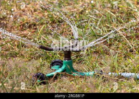 L'irrigatore da giardino ruota e spruzza acqua sull'erba Foto Stock