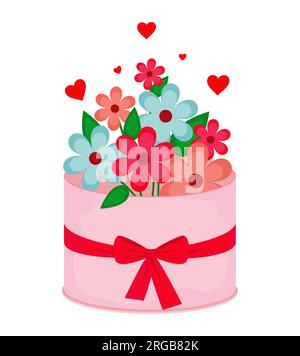 Illustrazione vettoriale. Un bouquet di fiori in una scatola rosa con fiocco. Vacanze. Illustrazione Vettoriale