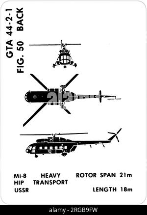 MIL mi-8 (nome in codice NATO: HIP). Questa è una delle serie di Graphics Training Aids (GTA) utilizzati dall'esercito degli Stati Uniti per addestrare il loro personale a riconoscere gli aerei amichevoli e ostili. Questo particolare set, GTA 44-2-1, è stato pubblicato nel July1977. Il set comprende aerei provenienti da: Canada, Italia, Regno Unito, Stati Uniti e URSS. Foto Stock