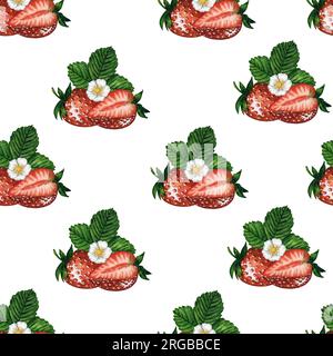 Motivo senza cuciture con fragole fresche e succose isolate su sfondo bianco, illustrazione ad acquerello disegnata a mano. Foto Stock