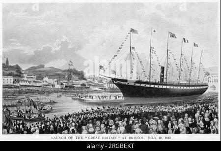 Folle di persone si radunarono presto al molo di Bristol per vedere il lancio della nave passeggeri più lunga del mondo "SS Great Britain", progettata da Isambard Kingdom Brunel. Foto Stock