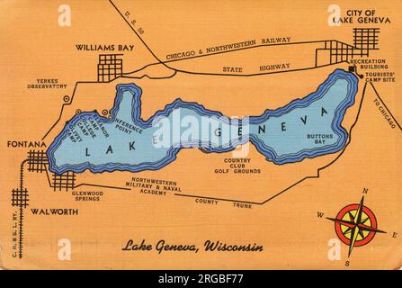 Lago Geneva, Wisconsin, USA - mappa del lago e della zona circostante Foto Stock