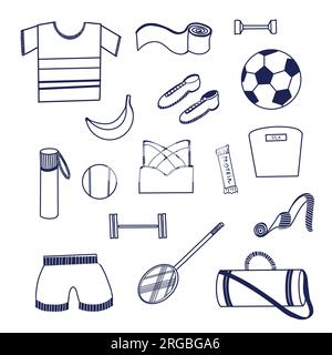 Serie di illustrazioni. Attrezzature sportive - racchetta da tennis, borsa, palle, corda da salto, bilance, bottiglia d'acqua, vestiti, cibo disegnato in vettore su un tablet al buio Illustrazione Vettoriale