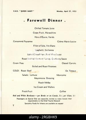 Menu della cena di addio, 27 aprile 1953, Cunard Liner RMS Queen Mary Foto Stock