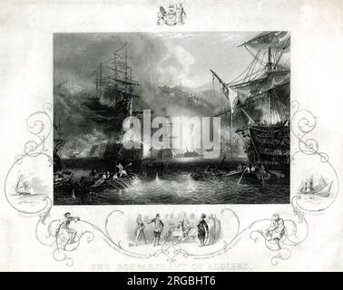Il bombardamento anglo-olandese di Algeri, tentativo di porre fine alle pratiche di schiavitù di Omar Agha, Dey of Algeri, 27 agosto 1816. Di seguito è riportato un bollo dell'ammiraglio Keppel minacciato dalla corna del Bey of Algeri. Foto Stock