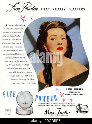 Pubblicità per Max Factor Face Powder, indossata da Lana Turner, star del cinema MGM in Green Dolphin Street Foto Stock