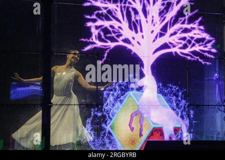 Taguig, Filippine. 8 agosto 2023. Una ballerina si esibisce durante il lancio di Block Dojo in Asia. Block Dojo, un incubatore che promuove l'imprenditorialità blockchain, in collaborazione con nChain, una società tecnologica globale ha lanciato il Block Dojo in Asia. Block Dojo e nChain puntano a una trasformazione digitale e fungono da leader nella rivoluzione digitale nelle Filippine creando opportunità di business per lo sviluppo della Blockchain. Credito: SOPA Images Limited/Alamy Live News Foto Stock