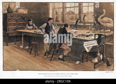 THOMAS BEWICK (1753 - 1828), illustratore inglese e incisore del legno, al lavoro nel suo studio. Foto Stock