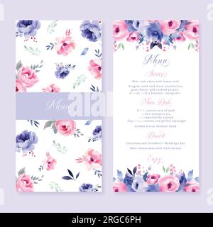 Carte per il menu di nozze floreali ad acquerello con pesca lilla rosa blu illustrazione fiori di rosa. Illustrazione Vettoriale