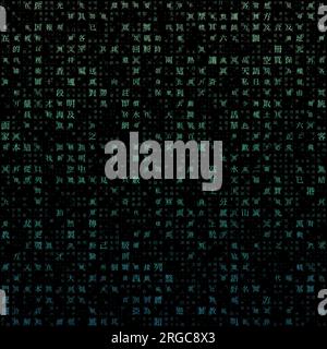 Sfondo della griglia delle lettere. Caratteri casuali dell'alfabeto tradizionale cinese. Ripetizione a matrice graduata. Sfondi a tema verde acqua. Illustrazione Vettoriale