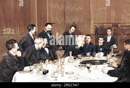 HENRI ROCHEFORT giornalista radicale francese e politico, cenando con i sostenitori alla stazione di Calais al suo ritorno dall'esilio in Inghilterra. Foto Stock