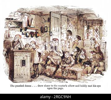 The Old Curiosity Shop di Charles Dickens, pubblicato per la prima volta nella serie settimanale Master Humphrey's Clock dal 1840 al 1841 e poi come suo libro nel 1841. Il dunce perplesso ... si avvicinò al gomito del maestro e gettò coraggiosamente l'occhio sulla pagina. Foto Stock