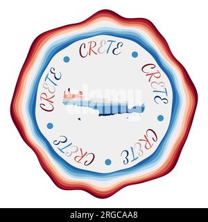 Distintivo Creta. Mappa dell'isola con splendide onde geometriche e una cornice blu-rossa brillante. Logo vivido rotondo Creta. Illustrazione vettoriale. Illustrazione Vettoriale