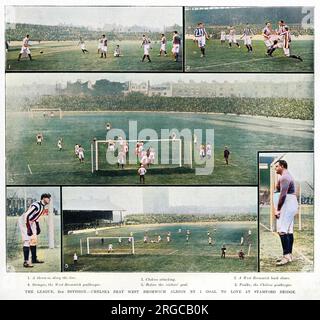 Un montaggio di fotografie che mostrano l'azione della fixture tra Chelsea e West Bromwich Albion, nella seconda Divisione della Football League, suonata presso la casa di Chelsea, Stamford Bridge. La partita è stata vinta nel 1-0 da Chelsea. Questa è stata la prima stagione di Chelsea nella Football League, il club essendo stato fondato solo nel marzo 1905. Hanno finito terzo nella divisione, perdendo fuori sulla promozione al livello superiore da un posto, anche se parecchi punti li hanno separati dai due randelli superiori. West Bromwich Albion ha finito quarto. Due delle fotografie di questo montaggio mostrano la rispettiva goalkeepe Foto Stock