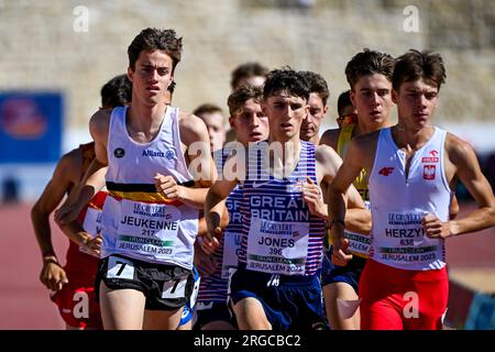 Gerusalemme, Israele. 7 agosto 2023. Il belga Simon Jeukenne raffigurato in azione durante i Campionati europei di atletica leggera U20, lunedì 07 agosto 2023, a Gerusalemme, Israele. I campionati europei si svolgono dal 07 al 10 agosto. BELGA PHOTO COEN SCHILDERMAN Credit: Belga News Agency/Alamy Live News Foto Stock