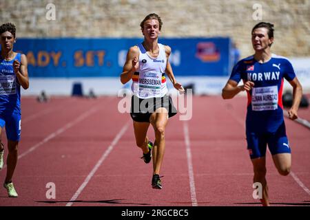 Gerusalemme, Israele. 7 agosto 2023. Killian Mersseman è stato fotografato in azione durante i Campionati europei di atletica leggera U20, lunedì 07 agosto 2023, a Gerusalemme, Israele. I campionati europei si svolgono dal 07 al 10 agosto. BELGA PHOTO COEN SCHILDERMAN Credit: Belga News Agency/Alamy Live News Foto Stock