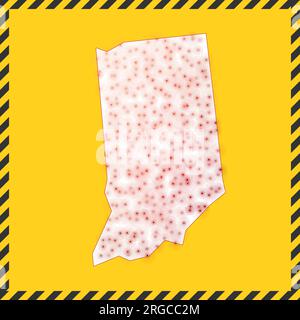 Indiana chiuso - segnale di pericolo del virus. Icona di blocco dello stato USA. Bordo a strisce nere intorno alla mappa con il concetto di diffusione del virus. Illustrazione vettoriale. Illustrazione Vettoriale