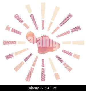 Maui Sunburst. Basse razze a strisce poly e mappa dell'isola. Illustrazione vettoriale di classe. Illustrazione Vettoriale