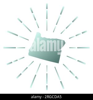 Scoppio di sole in pendenza dell'Oregon. Mappa dello stato degli Stati Uniti con raggi stellari colorati. Illustrazione Oregon in digitale, tecnologia, Internet, stile di rete. Illustrazione Vettoriale