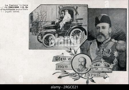 Una cartolina italiana, piena nel suo elogio per il re Edoardo VII (1841-1910) durante la sua prima visita ufficiale nel paese nel 1903 (per aiutare i poveri rapporti anglo-italiani). La didascalia si traduce come: "La nazione italiana saluta Edoardo VII, re d'Inghilterra, un fedele amico dei popoli latini". Foto Stock