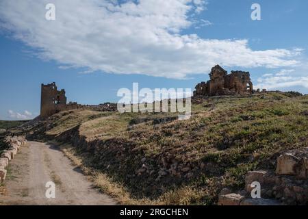 8 maggio 2022, Diyarbakir, Turchia: La vista del castello di Zerzevan è costruita in cima a una collina. Il castello di Zerzevan è un edificio storico e un insediamento militare situato tra i confini delle province di Diyarbakir e Mardin. Questo forte fu usato come guarnigione di confine durante l'Impero Romano. L'insediamento militare, costruito per scopi di difesa, è considerato uno dei più importanti monumenti romani orientali di Diyarbakir. Lo storico castello, visitato da migliaia di persone ogni anno, è stato incluso nella lista dei siti patrimonio dell'umanità nel 2020. (Immagine di credito: © Bilal Seckin/SOPA Images V Foto Stock