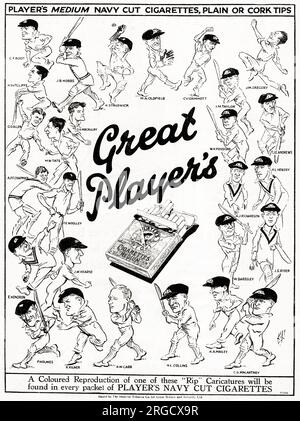 Advert, sigarette Medium Navy Cut del Grande giocatore, con caricature di cricketers (carte da raccogliere) Foto Stock