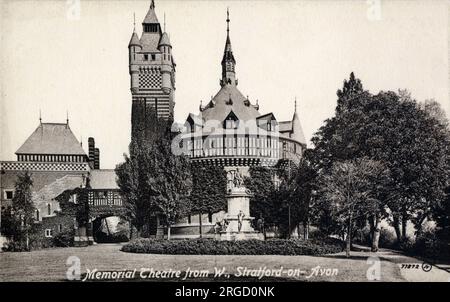 Memorial Theatre (Swan Theatre) e Theatre Garden, RSC, Royal Shakespeare Company, Stratford-upon-avon, Warwickshire, Inghilterra. Devastato da un incendio nel 1926 Foto Stock