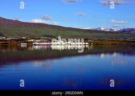 La periferia della città di Akureyri, nella regione nord-orientale dell'Islanda, è visibile la mattina presto da una nave da crociera in visita. Foto Stock