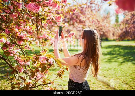 Bellissima ragazza nel giardino dei ciliegi in fiore in un giorno di primavera, che scatta foto o registra video blog. Giovane donna nel famoso Parco di Sceaux vicino a Parigi, in Francia Foto Stock