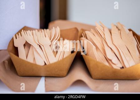 Posate da picnic in legno e piatti di carta. Materiali naturali. Senza plastica. Foto Stock