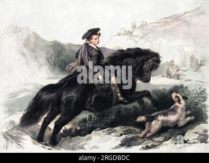 Lord Cosmo RUSSELL nono figlio del sesto duca di Bedford. raffigurato a cavallo di un pony accompagnato da un cane; indossa un abito di montagna. Foto Stock