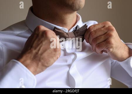 sposo che si mette la cravatta ad arco il giorno del suo matrimonio Foto Stock