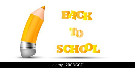 Banner, concetto di ritorno a scuola, giornata della conoscenza, 1 settembre, matita scolastica, cancelleria luminosa. Su sfondo bianco con spazio ombreggiato e copia Illustrazione Vettoriale