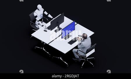 Macchina intelligente per cyborg ai umanoidi seduta davanti al PC e uomo che lavora in ufficio. Illustrazione del rendering 3D intelligenza artificiale Smart Factory Foto Stock