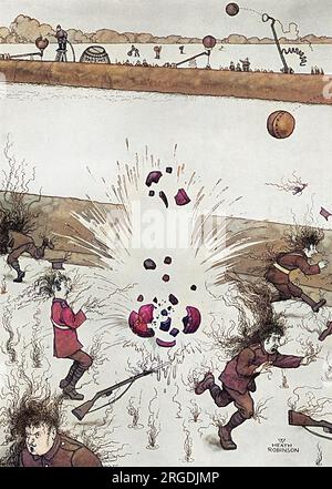 In questo cartone animato di Heath Robinson, i tedeschi riempiono le grandi palle con "Tatcho", un popolare prodotto per la crescita dei capelli, e colpiscono le linee britanniche con catapulte. Ne consegue il caos, nelle forze britanniche. Foto Stock