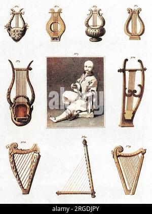 Una selezione di antichi strumenti musicali. 1 - Un kinnor, o arpa. 2 arpa romana. 3 e 4 - Antica arpa ebraica. 5 e 6 - Arpe da Gerusalemme. Chitarra egiziana del VII-XVIII secolo. 8 - Nablum o psaltery. 9 - Cithara o Hazur. 10 - arpa da Ercolano. Foto Stock