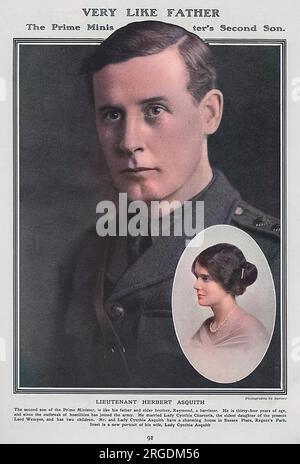 Herbert Asquith (1881 - 1947), poeta, romanziere e avvocato, secondo figlio del primo ministro britannico, Henry Herbert Asquith. Foto nel 1915 durante il suo servizio presso la Royal Artillery. Inset è una fotografia di sua moglie, Lady Cynthia Asquith, ex Lady Cynthia Charteris - anche uno scrittore. Foto Stock