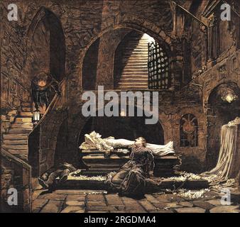 Atto V, scena IV di una produzione di Henry Irving di "Romeo e Giulietta" di Shakespeare al Lyceum Theatre di Londra. Fra Laurence scende la scalinata nella Tomba dei Capuleti per scoprire i corpi di Romeo e Parigi, e Giulietta, ancora in coma temporaneo da cui sta per svegliarsi. Henry Irving è apparso nel ruolo di Romeo, con Ellen Terry nel ruolo di Giulietta. Foto Stock