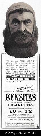 World War One pubblicità per le sigarette Kensitas con il personaggio Old Bill, dai cartoni animati Bystander del capitano Bruce Bairnsfather e portati in vita sul palco in The Better Ole all'Oxford Theatre di Londra dall'attore Arthur Bourchier nel 1917/18. Include una scenografia sul cartone animato più famoso di Bairnsfather, "se conosci un ole migliore" - "Beh, se conosci una sigaretta migliore, allora fumala!". Foto Stock