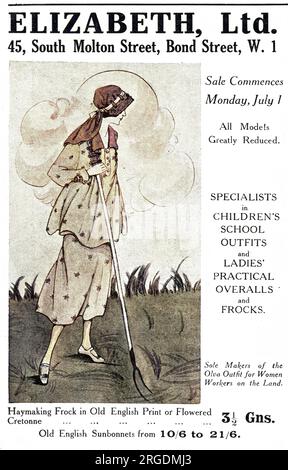 Pubblicità per Elizabeth Ltd di South Molton Street, Londra con un'illustrazione di una pittoresca vecchia camicia floreale inglese - proprio la cosa da indossare mentre si porta il raccolto quando gli uomini sono via a combattere in Francia. Foto Stock