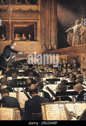 Un'impressione dell'artista Fortunino Matania dell'interno della Royal Opera House al Covent Garden nel 1925. Viene rappresentata una performance di "Elecktra" di Richard Strauss, ma vista dal punto di vista insolito della fossa dell'orchestra. Il direttore è Robert Heger (1886-1978). Foto Stock