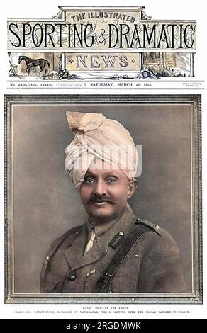 Ranjitsinhji Vibhaji (1872 - 1933), principe indiano e test cricketer che giocò per la squadra inglese di cricket del Sussex. Fotografato sulla copertina dell'Illustrated Sporting & Dramatic News nell'uniforme della cavalleria indiana con la quale prestava servizio in Francia durante la prima guerra mondiale. La rivista utilizza un gioco di cricket con la didascalia "Ranji" fuori! - Al fronte. Foto Stock