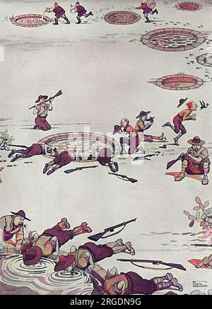 XII - soffocare i pozzi dell'Africa sudoccidentale tedesca per indurre la fame a prova di razione. I soldati tedeschi spiano i pozzi per far sì che i soldati britannici abbiano tanta fame che mangeranno persino le loro pistole. Un altro esempio di tecniche tedesche sgargianti per sconfiggere gli inglesi dall'immaginazione di William Heath Robinson. Foto Stock