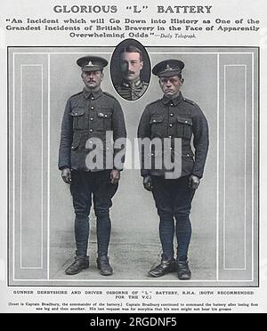 Tre membri della "l'Battery", la Royal Horse Artillery, che mantennero il fuoco con tre cannoni contro il fuoco a sorpresa di una forte forza tedesca composta da dieci cannoni da campo e due massime il 24 agosto 1914 vicino a Compiegne. Nonostante due dei cannoni britannici fossero stati messi a tacere, Gunner Derbyshire e driver Osborne sotto il comando del capitano Bradbury mantennero il fuoco fino a quando un solo cannone tedesco rimase, cessando il fuoco. Il capitano Bradbury, nella foto del centro, fu ucciso e insignito della Victoria Cross. Gunner Derbyshire e driver Osborne hanno ricevuto la Medaille Militaire. Lo era la batteria Foto Stock