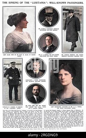 Una pagina dello schizzo che riporta personalità di spicco, a bordo della Lusitania, affondata da un siluro tedesco il 7 maggio 1915. In alto a sinistra è Lady Allan, moglie di Sir Hugh M. Allan del Canada, presidente della Merchants' Bank del Canada (salvato), in alto a metà è Alfred G. Vanderbilt, il milionario americano (perduto), in basso, il signor D. A Thomas, proprietario di cappotto e M.P. (salvato), in alto a destra, Charles Frohman, il famoso manager teatrale (perso), In basso a destra, Lady Mackworth (salvata), in basso al centro, Hugh Lane (persa), Sopra di lui, comandante J. Foster Stackhouse, antartico esploratore, in basso a sinistra, capitano W. T. Turner in Foto Stock