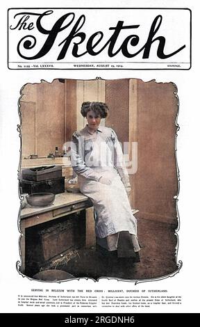 Millicent Fanny Sutherland-Leveson Gower- [nata Millicent Fanny St Clair-Erskine], Duchessa di Sutherland (1867-1955), hostess della società e riformatrice sociale, apparve sulla copertina della rivista Sketch nel 1914 in uniforme da infermiera per il suo lavoro con la Croce Rossa durante la guerra. Qui si vede in Belgio, dopo essere entrata a far parte della Croce Rossa belga nell'estate del 1914. Foto Stock