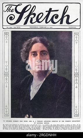 Prima copertina della rivista Sketch con Mrs H. J. Tennant, ex May Edith Abraham (1869-1946) moglie di Harold John Tennant, ex sottosegretario alla guerra, e co-direttore del Dipartimento del servizio nazionale delle donne, stabilito a St. Ermin's, Westminster. La signora Tennant era la figlia del signor George Abraham di Rathar, Co. Dublino e la prima donna ad essere nominata sovrintendente (o Lady Inspector) delle fabbriche. È stata assistita nel ruolo presso il Dipartimento del servizio Nazionale femminile da Miss Violet Markham. Quando è stato istituito il Dipartimento del servizio nazionale, è stato istituito un ramo femminile Foto Stock