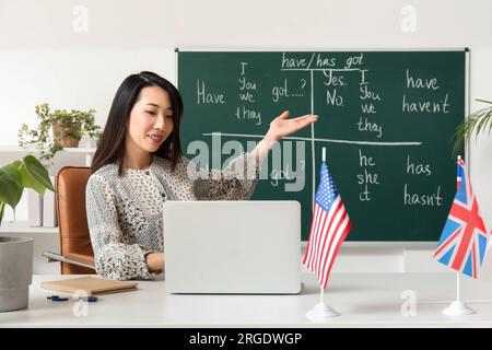 Insegnante di inglese che tiene lezioni di grammatica online in classe Foto Stock
