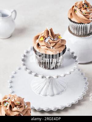 Tortine di fichi al cioccolato Vegan con glassa di gelato irlandese al cioccolato Vegan su sfondo chiaro Foto Stock
